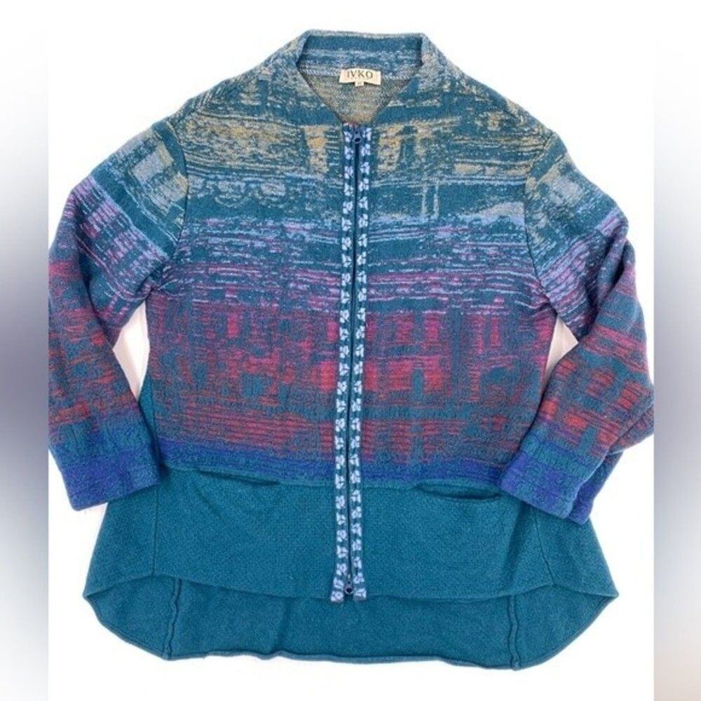 IVKO Knit Jacket Zipper‎ Cardigan Pure Wool Long Sleeve Petrol Large